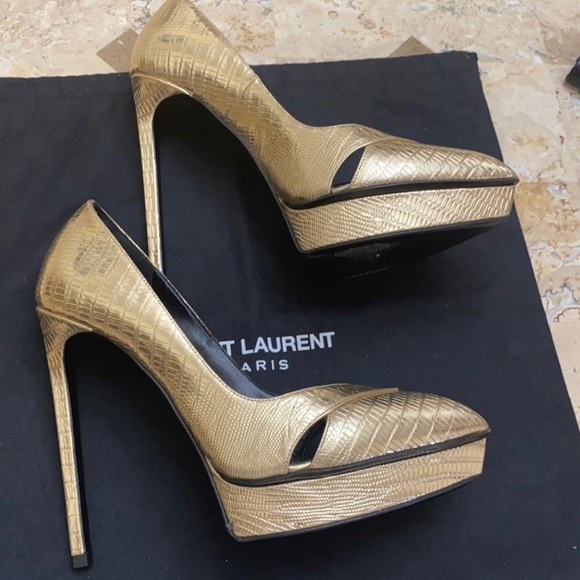 Saint Laurent Paris Notched Python-Embossed Pump, in Gold High Heel Size 38.5 - Picture 1 of 2